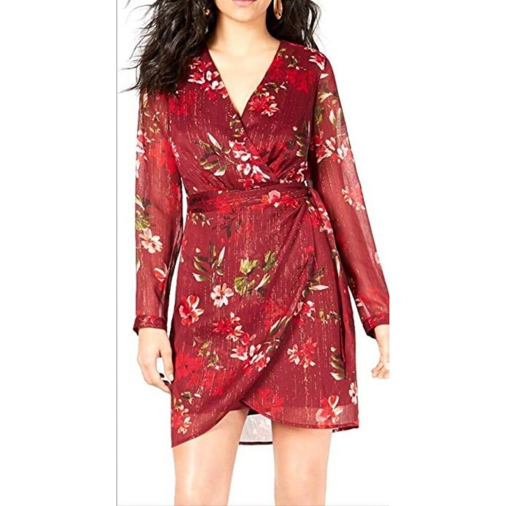 Guess Camilla Long Sleeve Plumera Floral Garnet Wine Metallic Wrap Dress 0 NWT